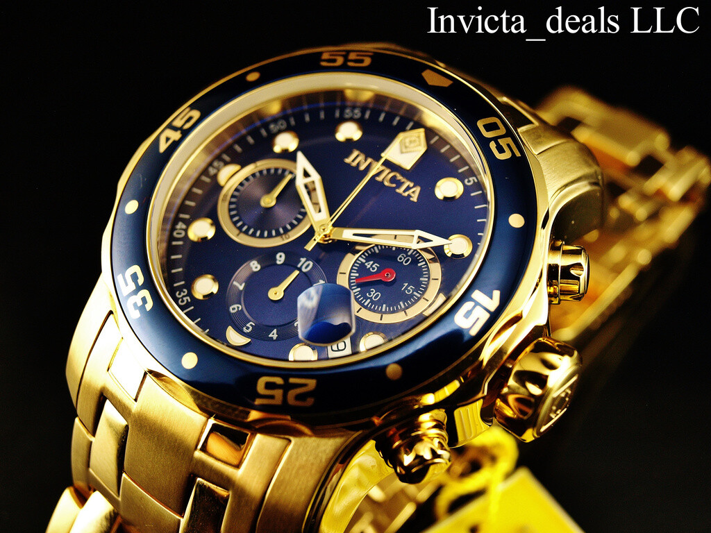Invicta Men’s 48mm Pro Diver SCUBA Chronograph Blue Dial 18K Gold Plated SS Watc