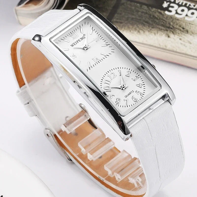 Luxury Dual Time Zone Watch Rectangle Quartz Dress Watch for Men and Women