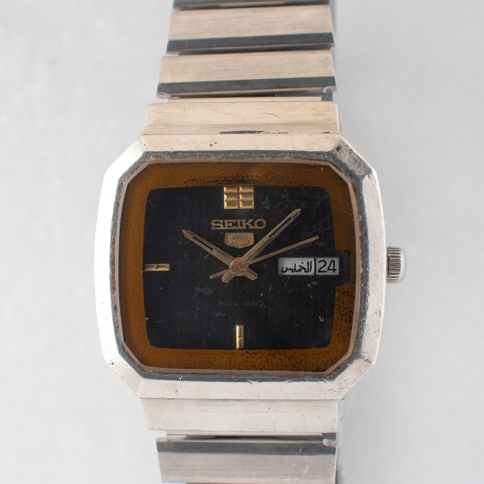 Vintage Seiko 5 Auto 6309-525J Unique Geometric Design Black Dial 1980 Men Watch