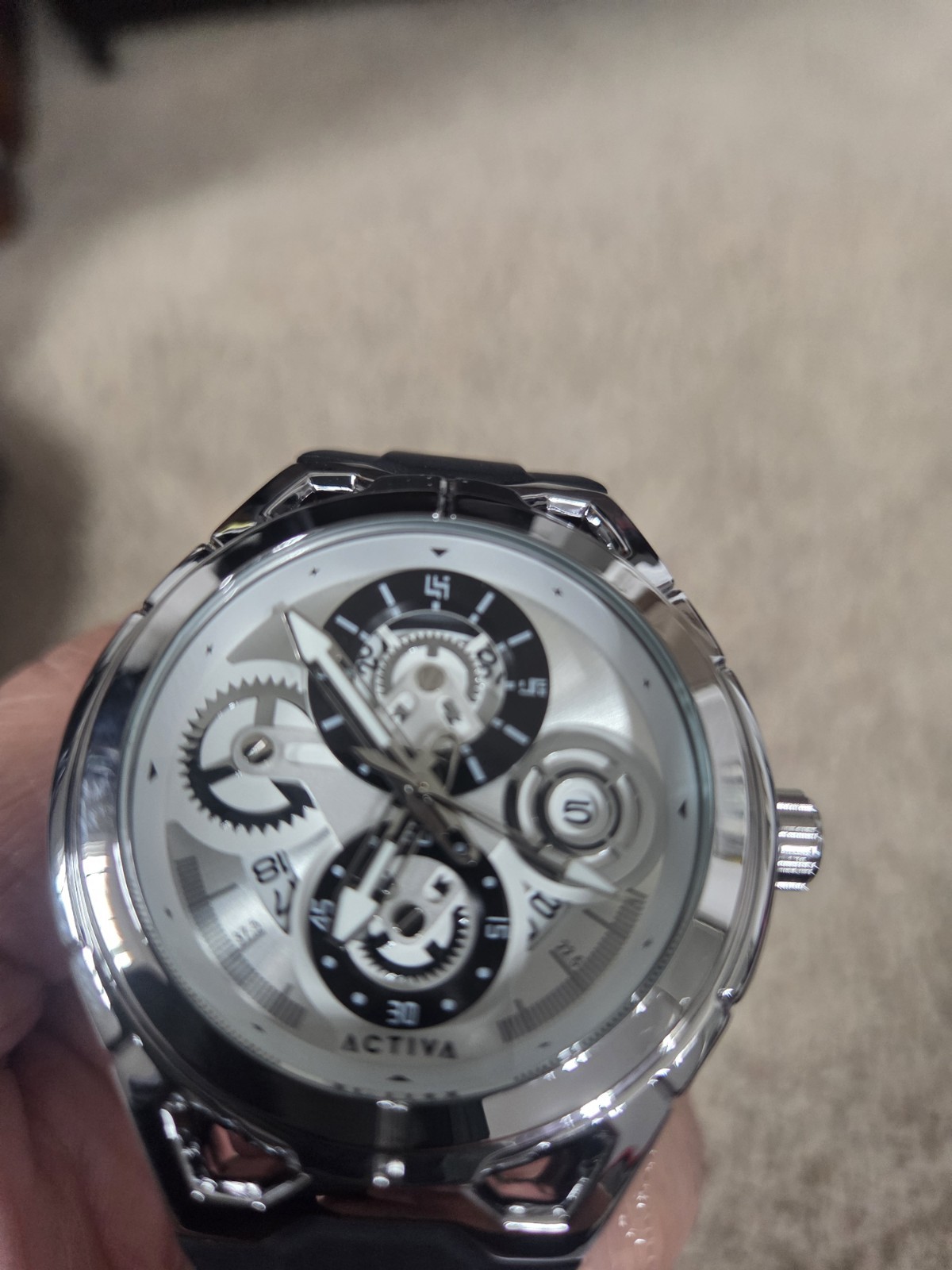 Activa Quartz Analog Skeleton Dial 48mm Silver Case Black Silicone 3ATM Date
