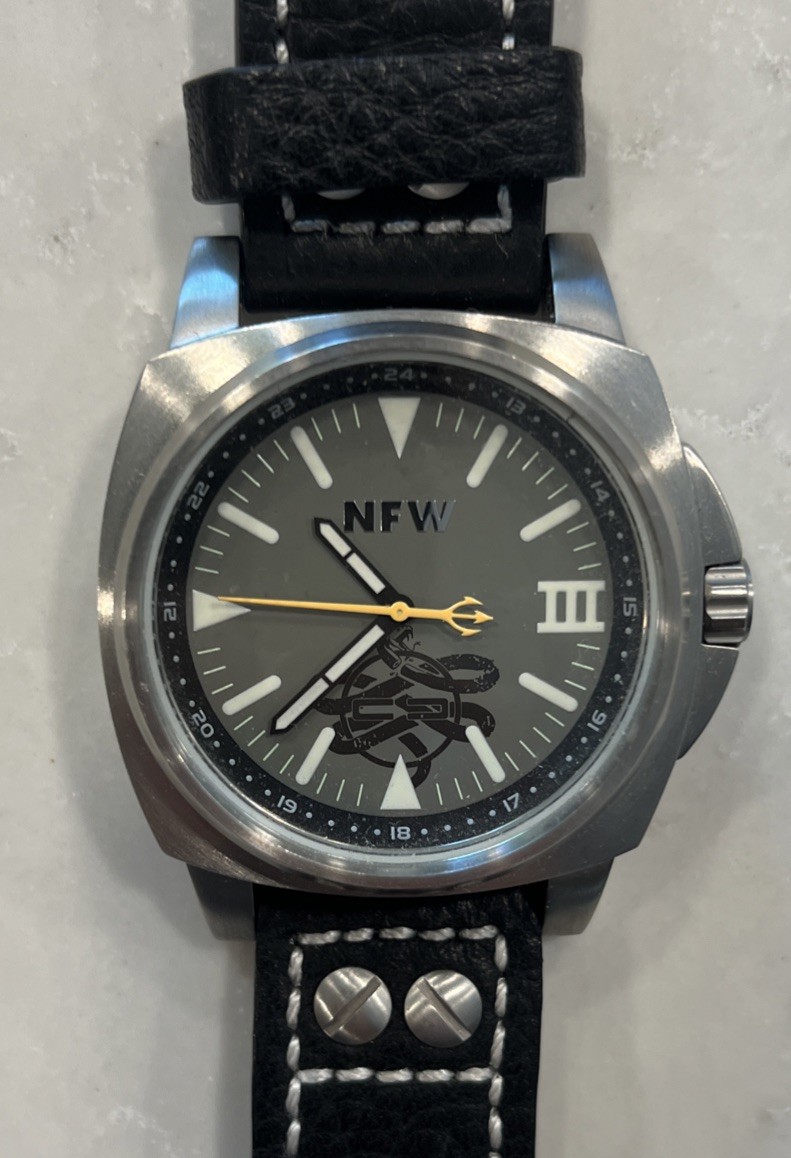 NFW Mens Watch 46mm Silver Tone Gray Dial Snake Logo Black Leather Band