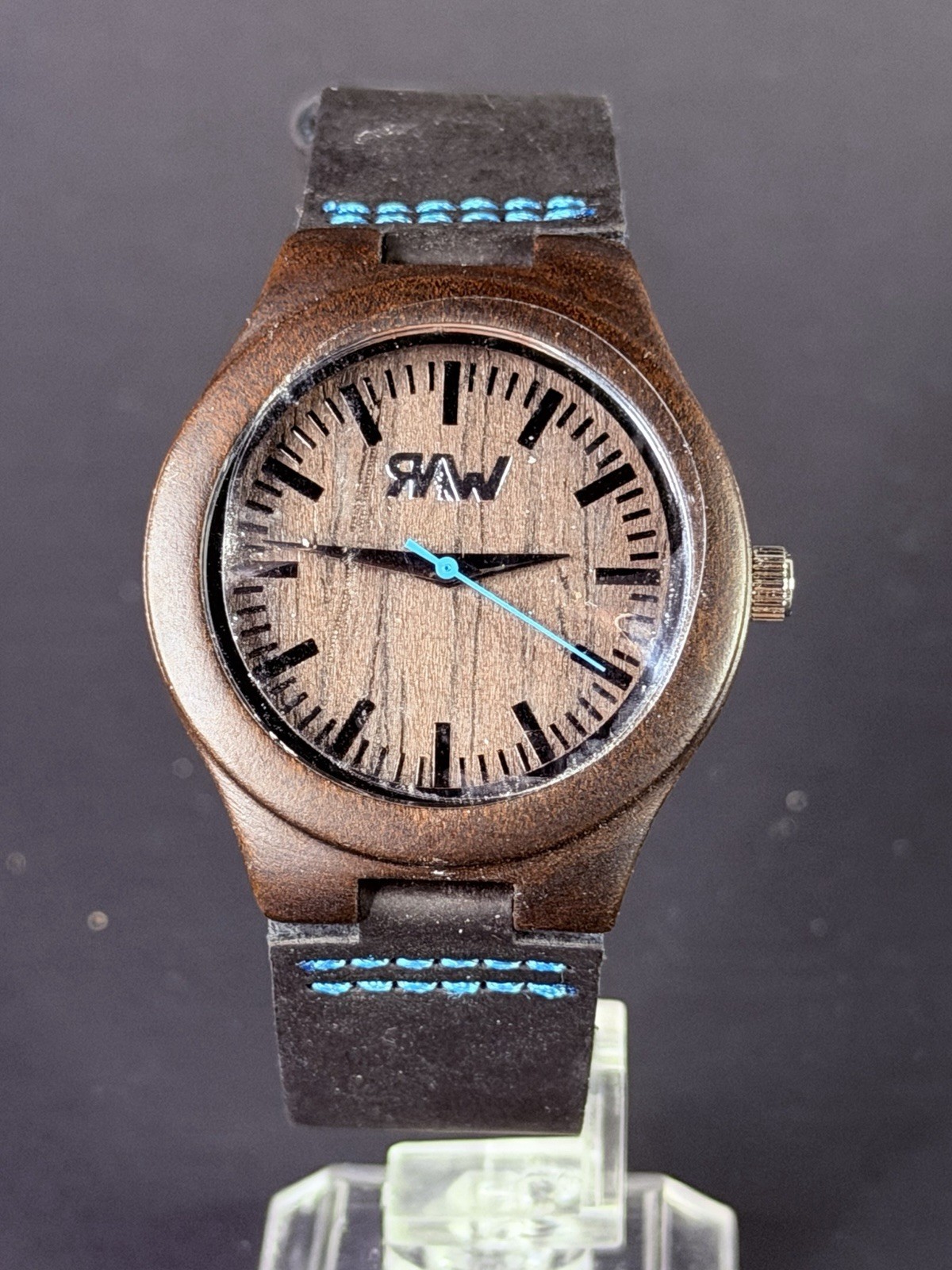 RAW Men 38mm Wooden Case NEW BATTERY Wood Dial Blue Accent Black Faux Strap 960