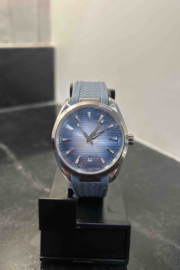 Custom Men’s Analog Watch Blue Sunburst Dial Silver Case Blue Rubber Strap Date
