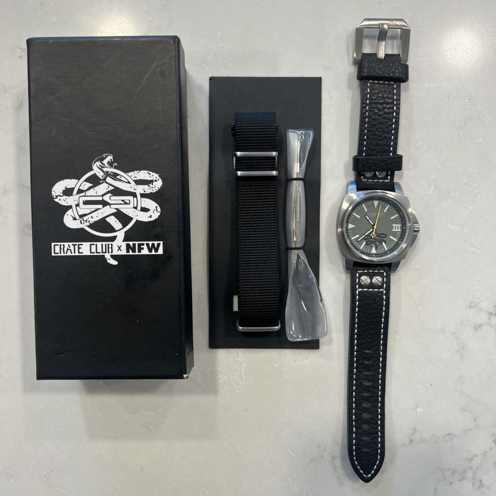 NFW Mens Watch 46mm Silver Tone Gray Dial Snake Logo Black Leather Band