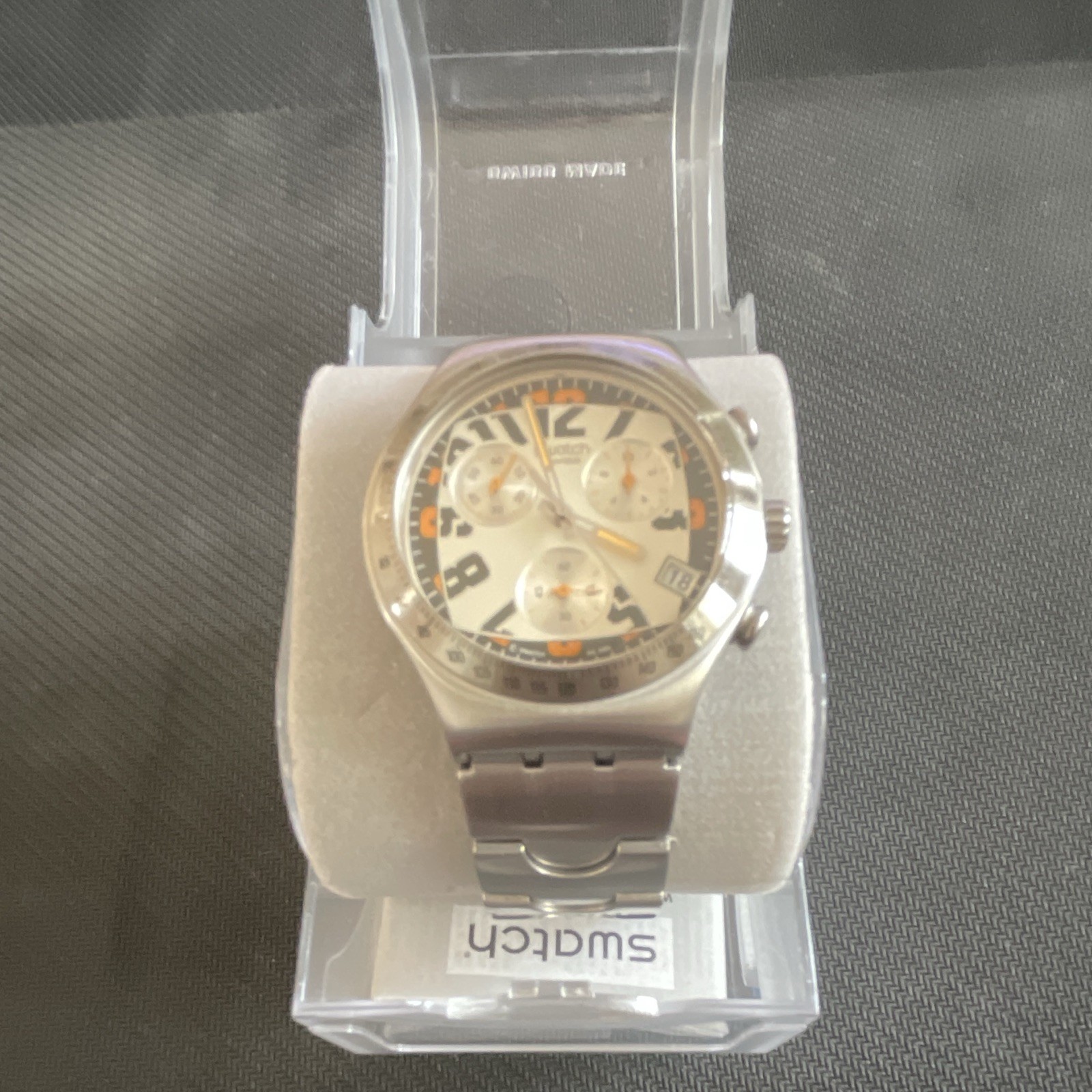 Swatch stbk 102-27 Chronograph Quartz Watch Silver Box Papers