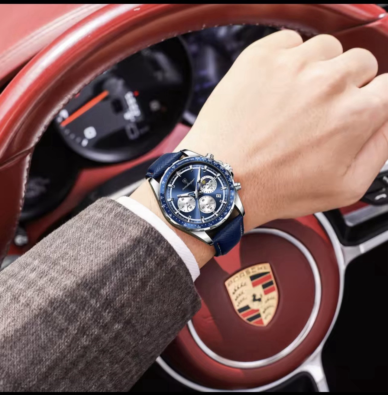POEDAGAR Men’s Chronograph Quartz Watch Tachymeter 3ATM Blue Dial Leather