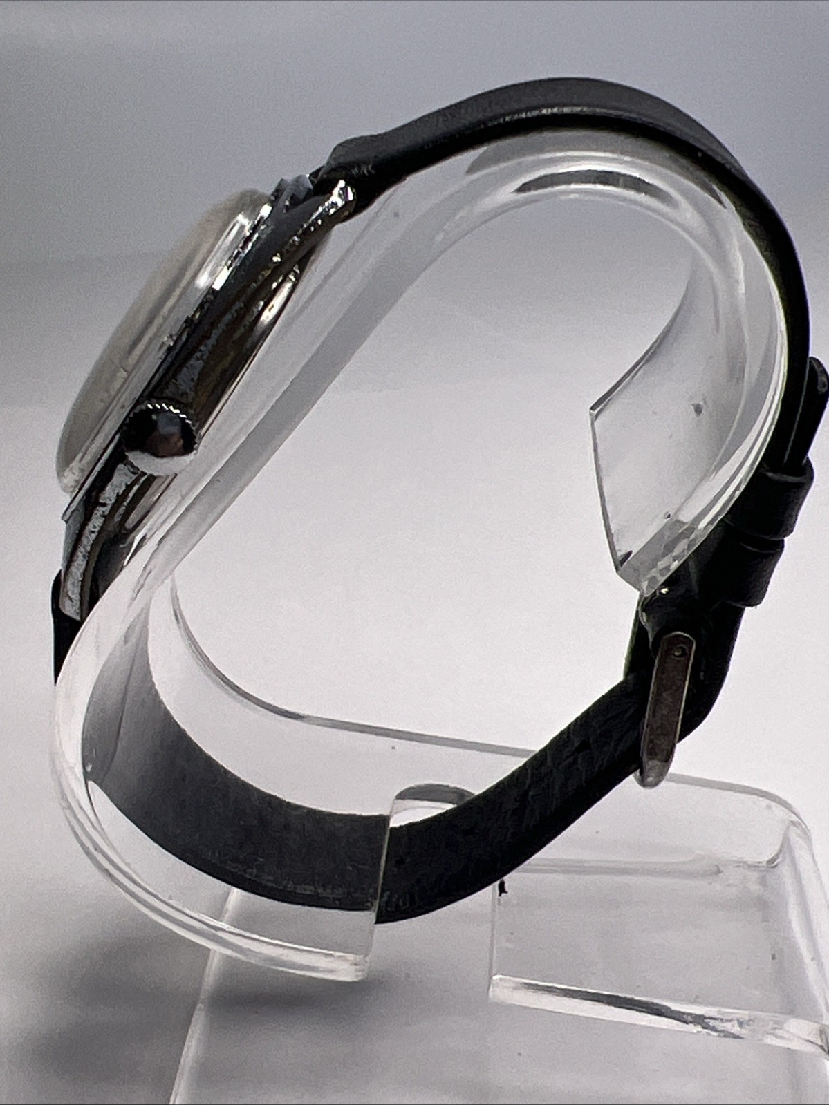 Caravelle 33.5mm Silver Tone Cushion Case Black Dial Manual Wind Leather Strap