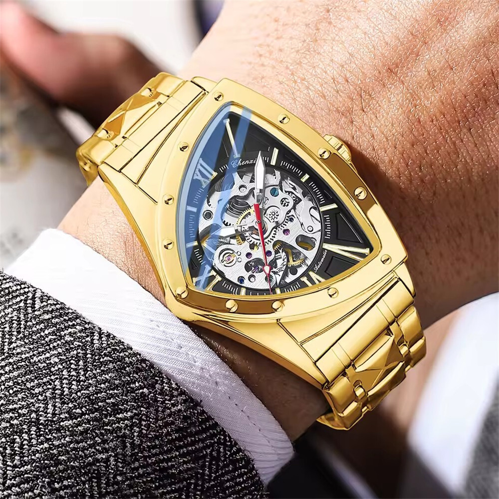CHENXI Men Automatic Watch Triangle Leather Mechanical Watch for Male Wristwatch