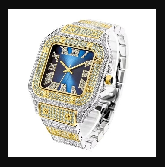 18k White & Yellow Gold Filled, Blue Face Iced Out Diamond Quartz Watch