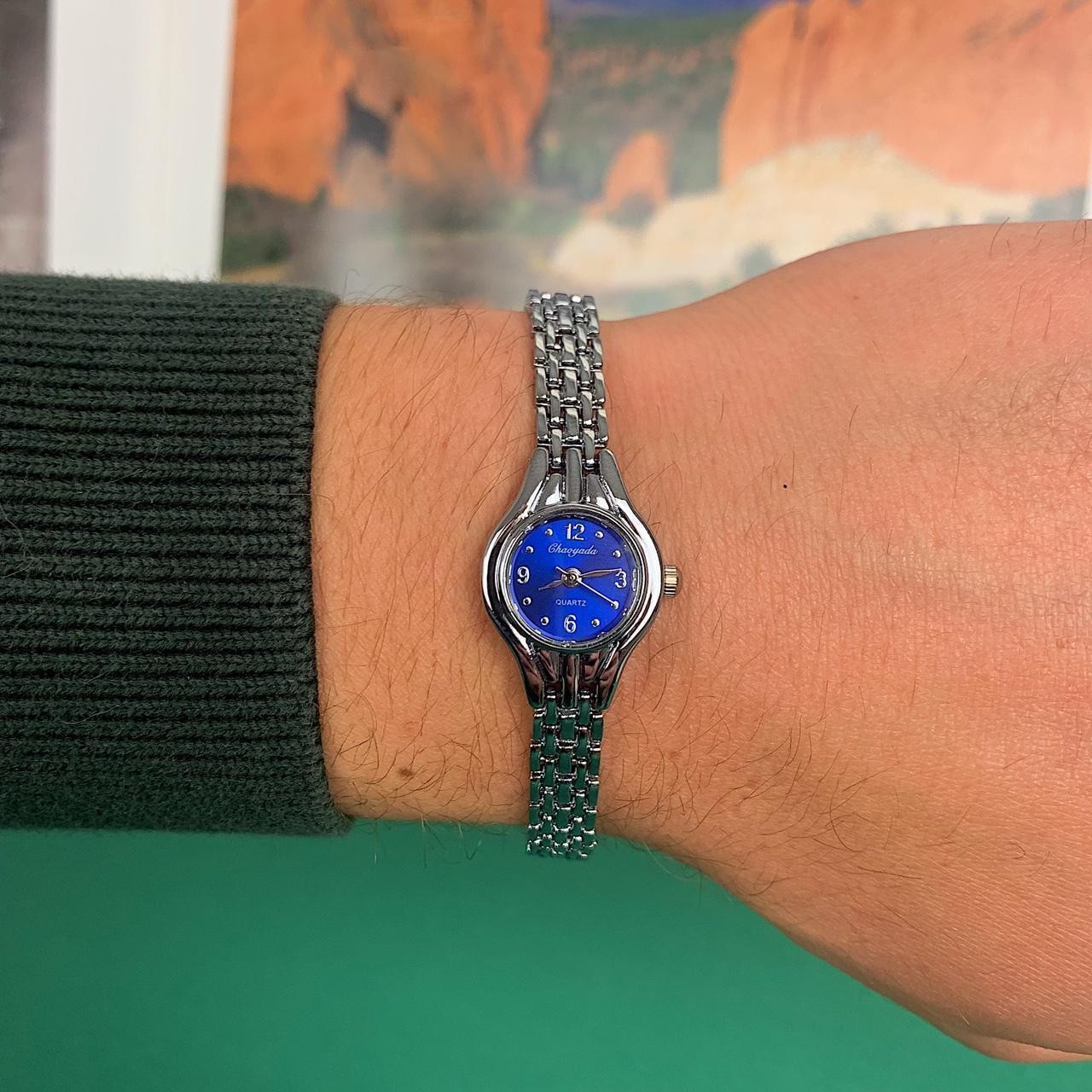 Minimalistic Silver and Blue Face round dainty stainless steel y2k 2000s style w