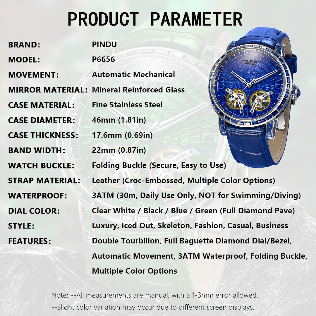 PINDU Premium Automatic Watch Full Baguette Diamond Skeleton Luxury Steel Case