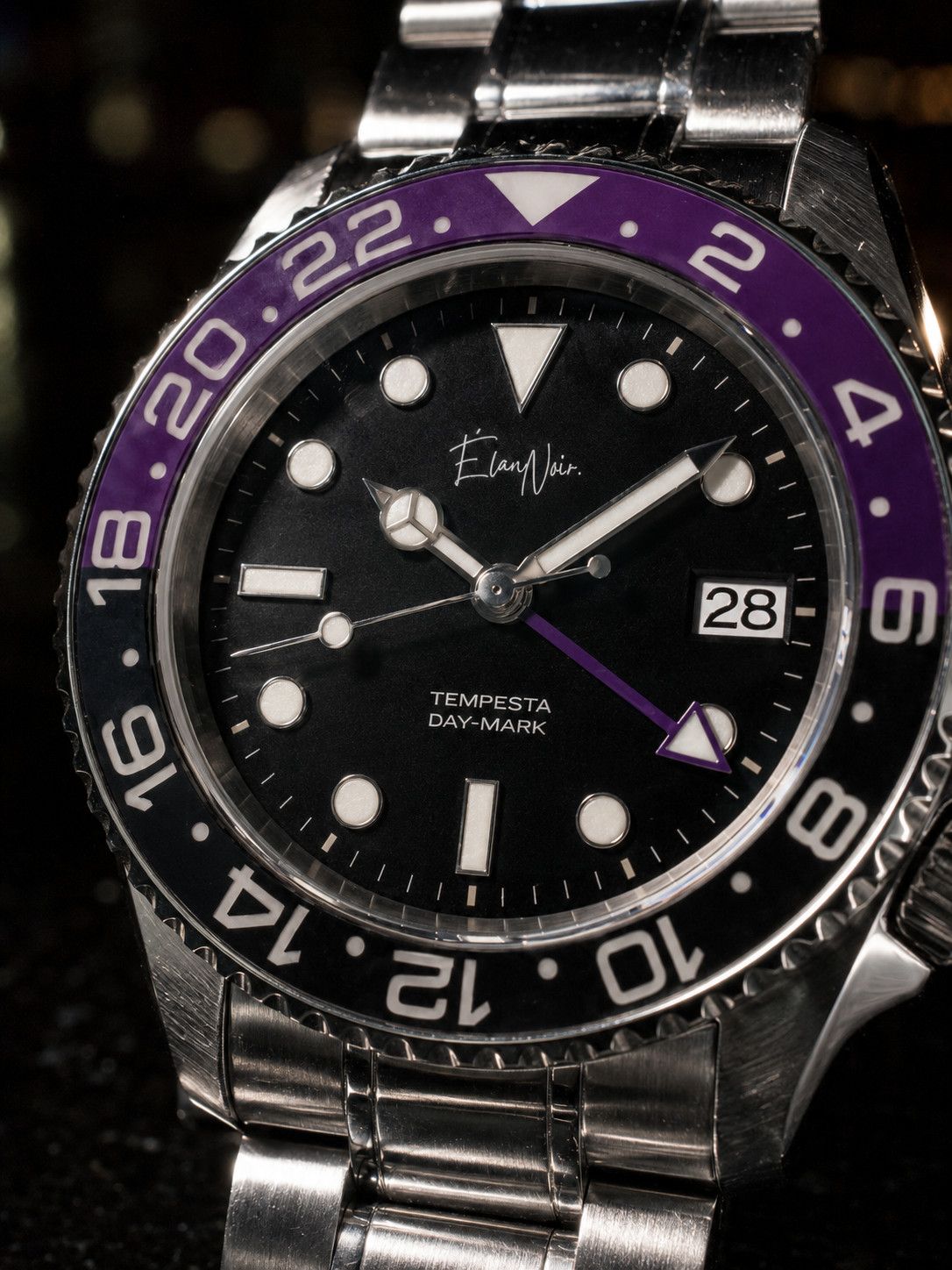 Custom Élan Noir Tempesta GMT Watch 41mm Steel Silver/Black/Purple NH35 Auto
