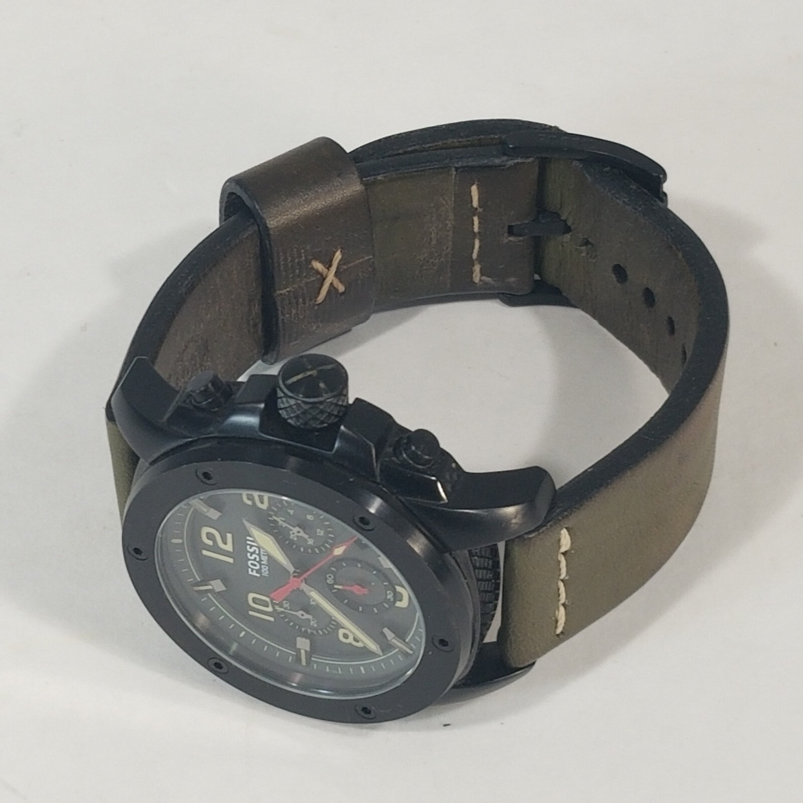 fossil machine chronograph watch Men’s grey dial black case green leather FS5000