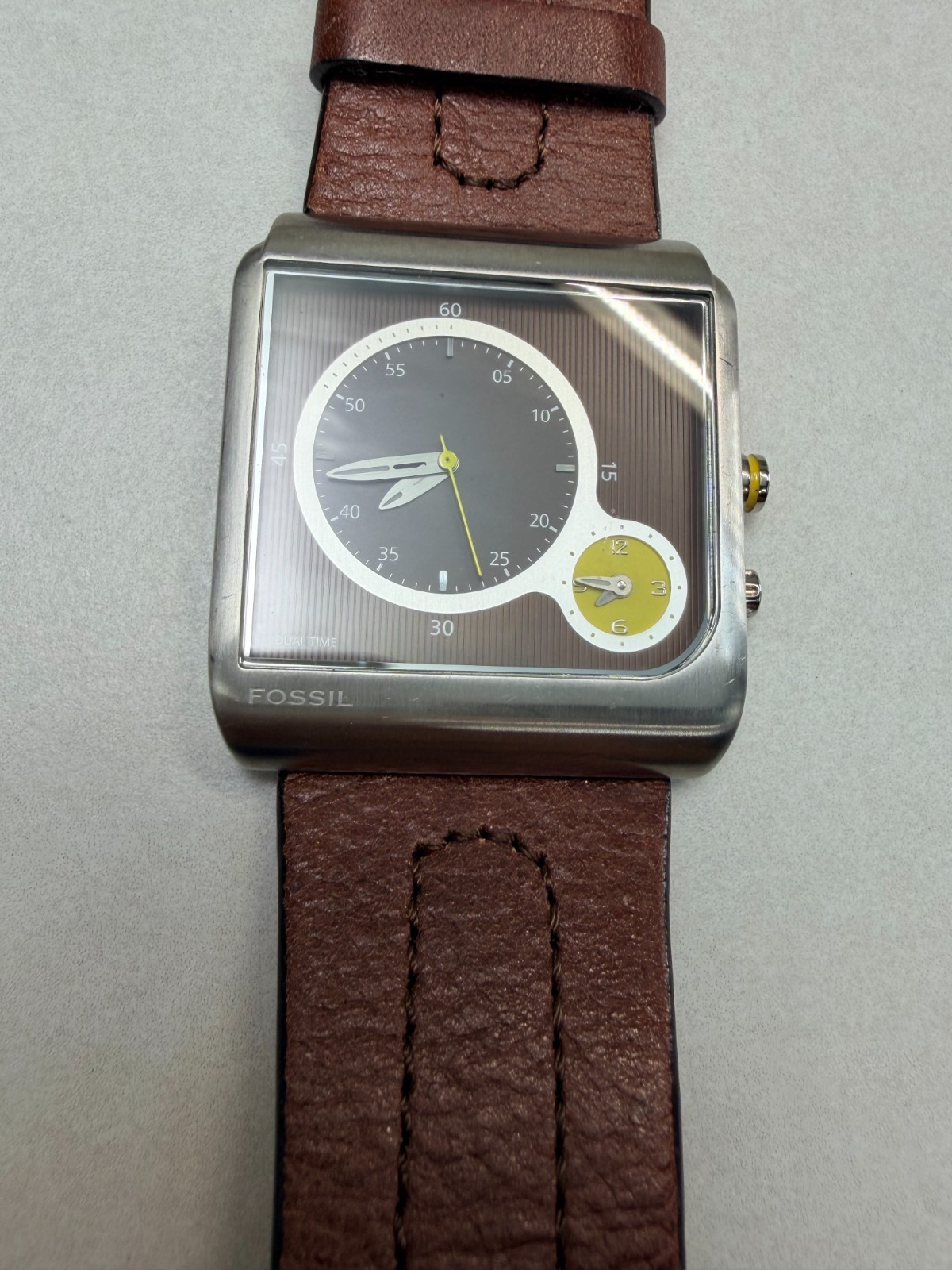 Fossil Dual Time Square Brown Leather Watch Modern Retro Design Working