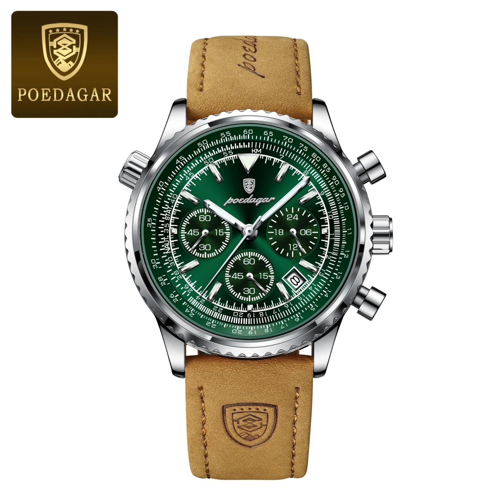 Leather Chronograph: Waterproof, Luminous Luxury Watch with Date & Box