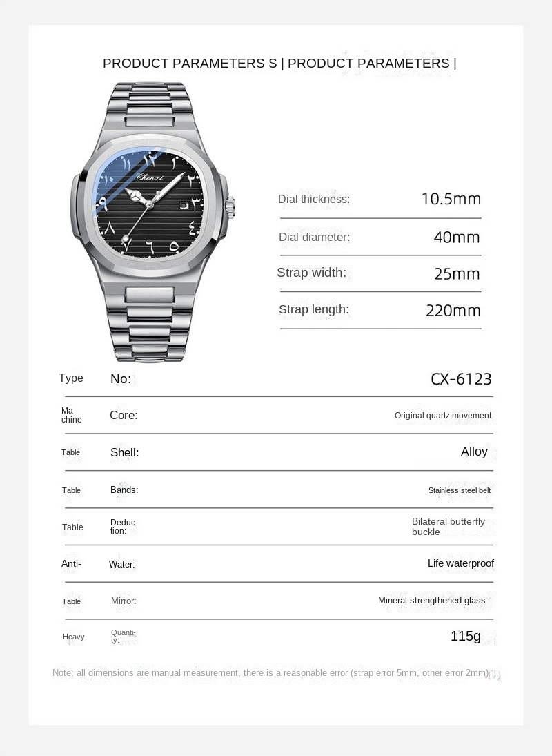 CHENXI Men Business Eastern Arabic Numerals Dial Luminous Calendar Quartz Watch