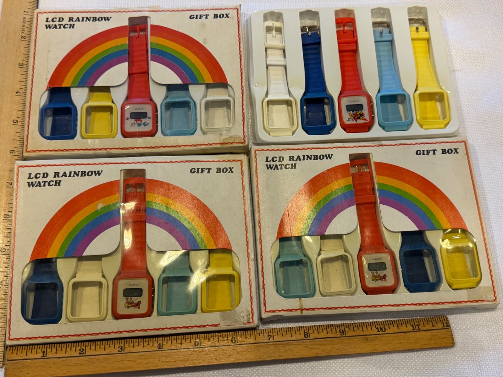 Vintage 1980s LCD Rainbow Watch Gift Box Digital Made in Hong Kong Set Lot of 4
