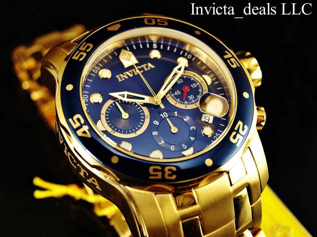 Invicta Men’s 48mm Pro Diver SCUBA Chronograph Blue Dial 18K Gold Plated SS Watc