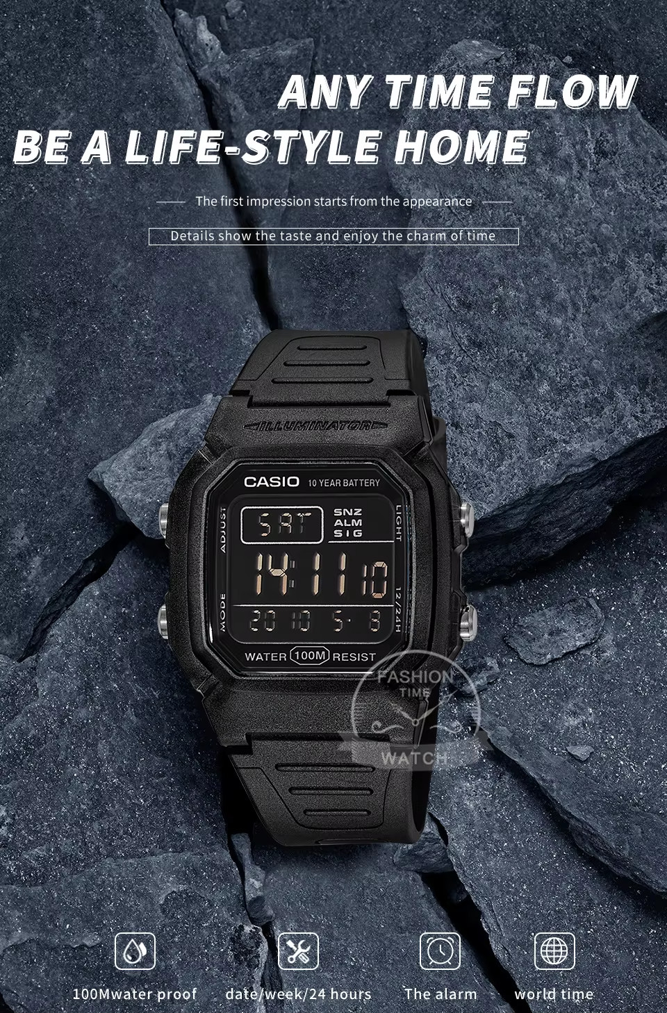 Casio W-800H-1B Digital Watch Black LED Light 10-Year Battery Water Resist