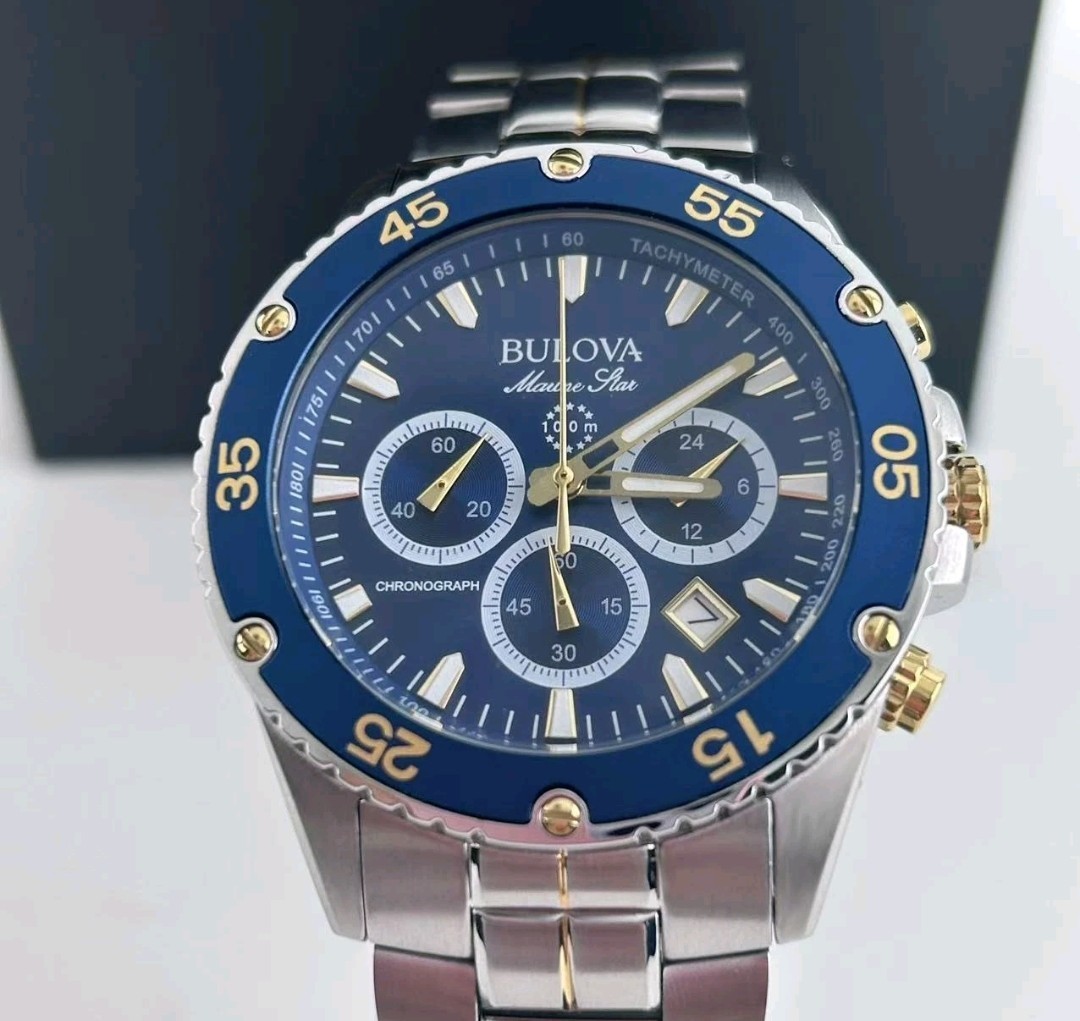 Bulova Marine Star Quartz Chronograph Date Blue Dial Two-Tone SS 100m