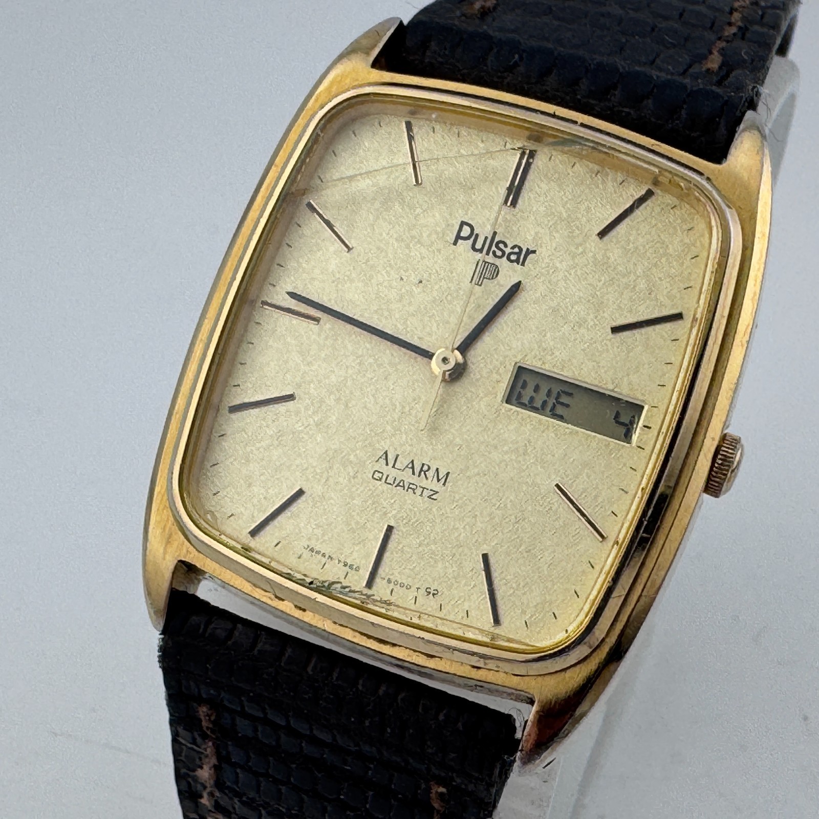 VTG Pulsar Analog Digital Watch Men Gold Tone Barrel Alarm Leather New Battery