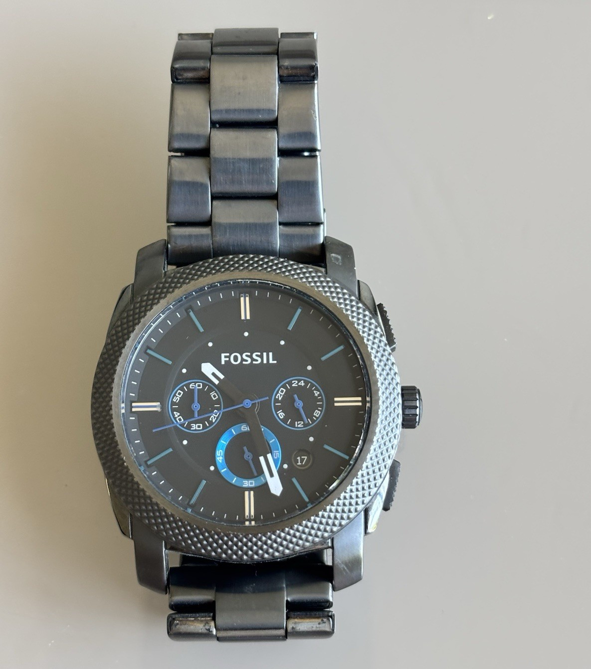 Fossil Men’s Chronograph Quartz Date Black Dial Gray SS Bracelet 45mm 50m