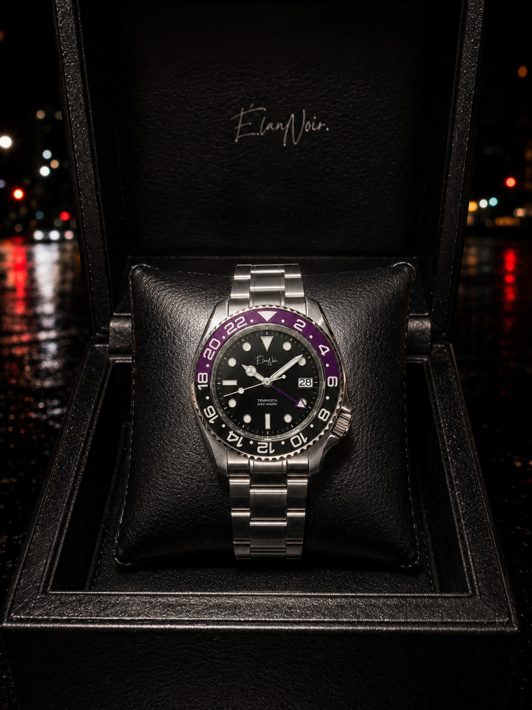 Custom Élan Noir Tempesta GMT Watch 41mm Steel Silver/Black/Purple NH35 Auto