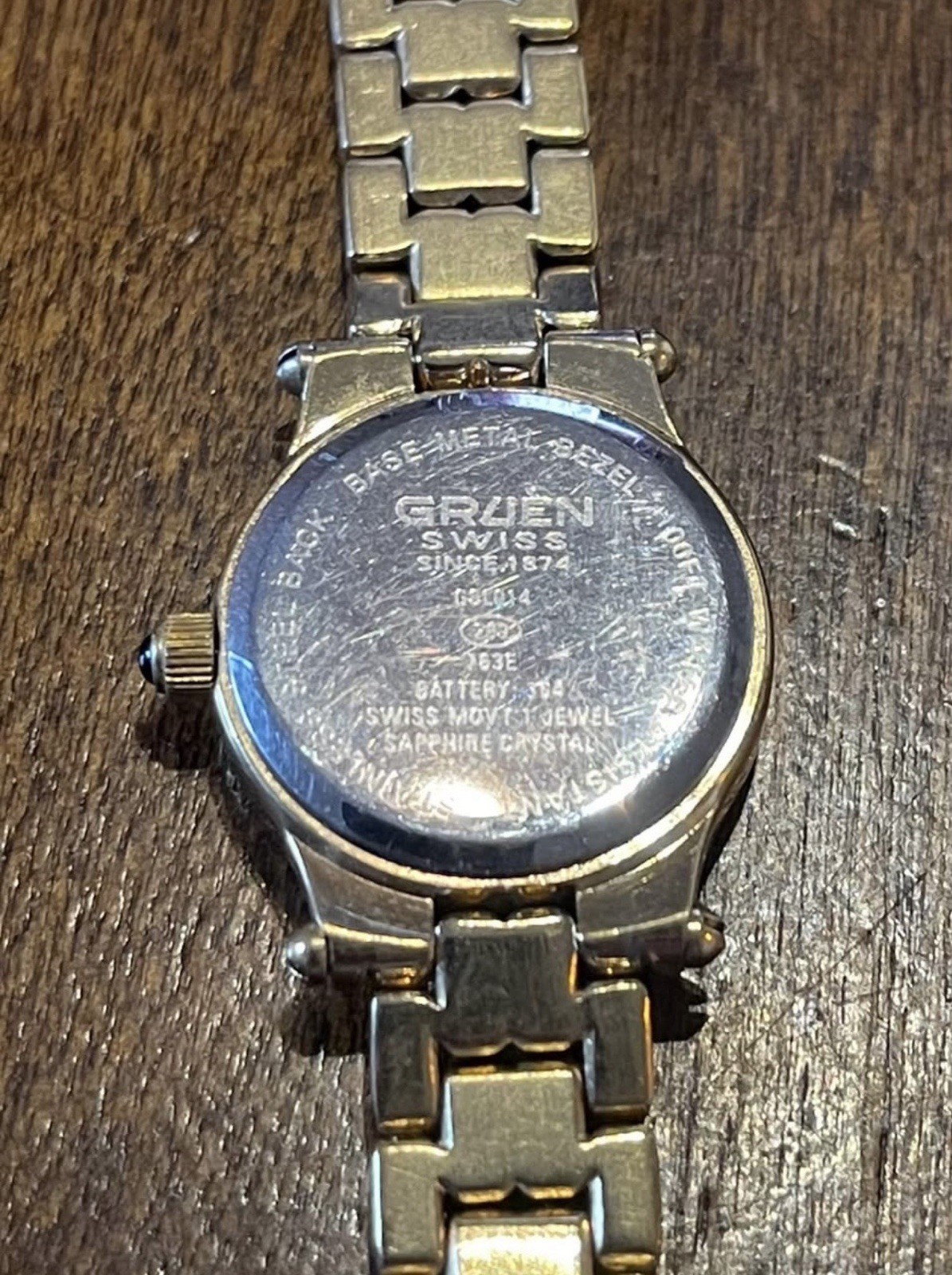Gruen Swiss Vintage Quartz Sapphire Crystal Gold Bracelet Watch 20mm Roman Dial