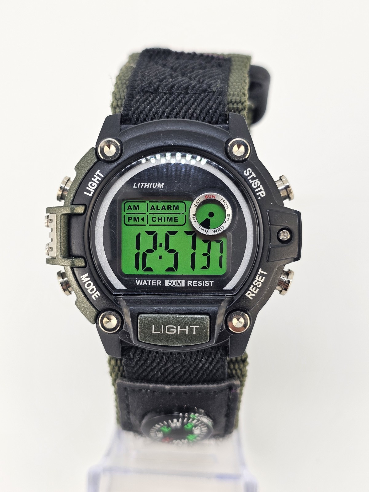 Men’s Sports Digital Watch 46MM Black Green Nylon Band Compass New Battery