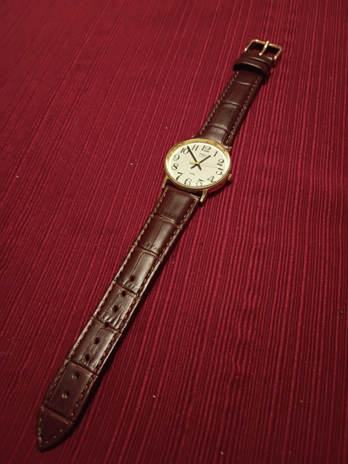 Vintage Timex Quartz Gold Base Metal Case White Dial – New Leather Band/Battery