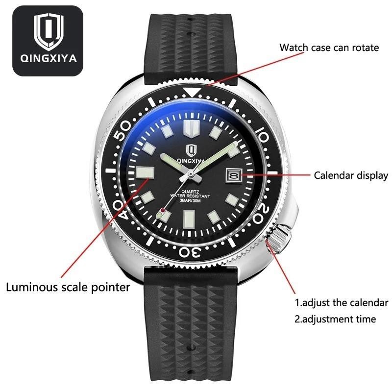 44MM QINGXIYA Tuna Quartz Men’s Watch Silicone 30M Waterproof Date Luminous NEW