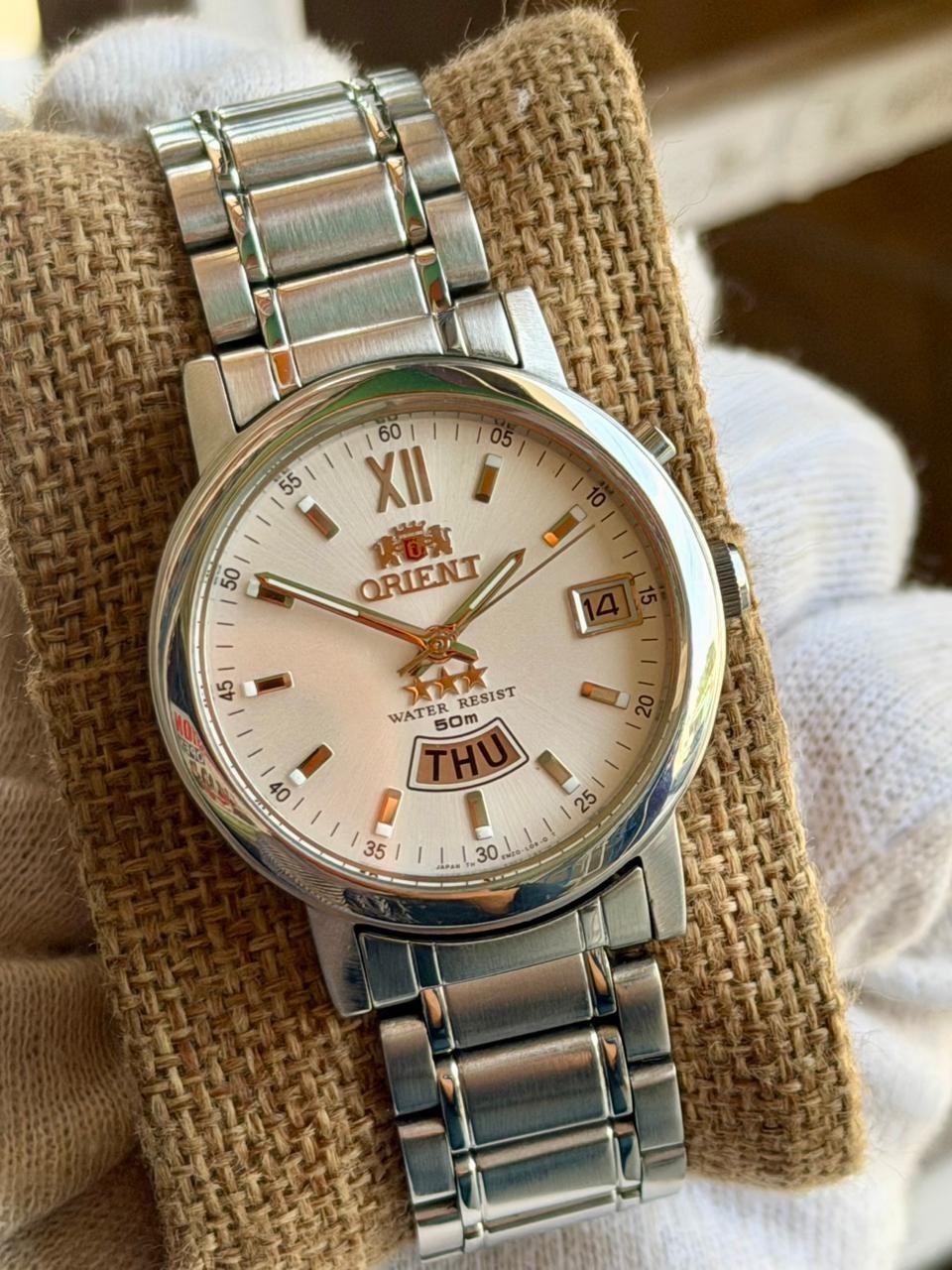 Orient 3 Star Automatic Men’s Day Date White Dial Stainless Steel Japan Watch