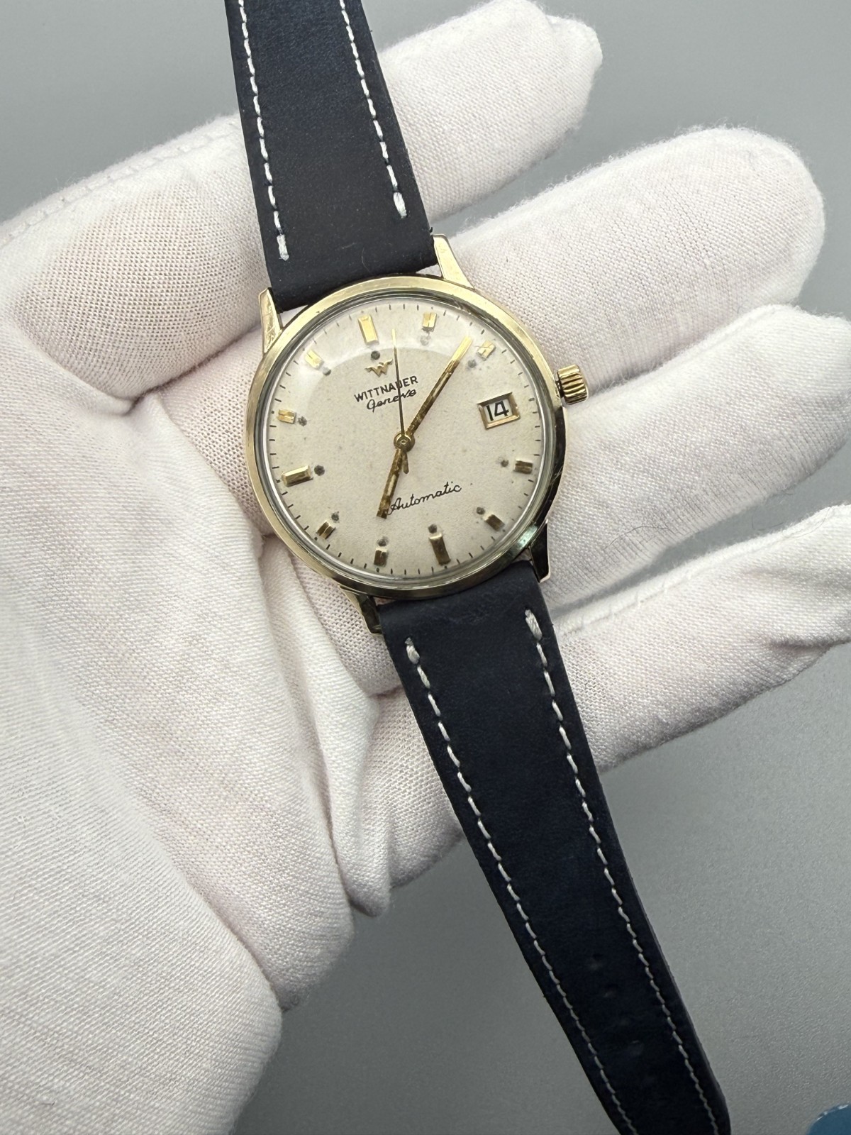 Wittnauer Geneve Automatic Swiss 10K RGP Gold Tone Watch Cream Dial Date 34.5mm