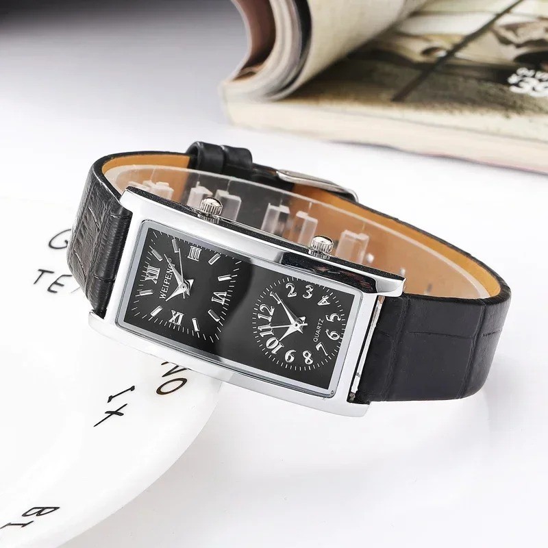 Luxury Dual Time Zone Watch Rectangle Quartz Dress Watch for Men and Women