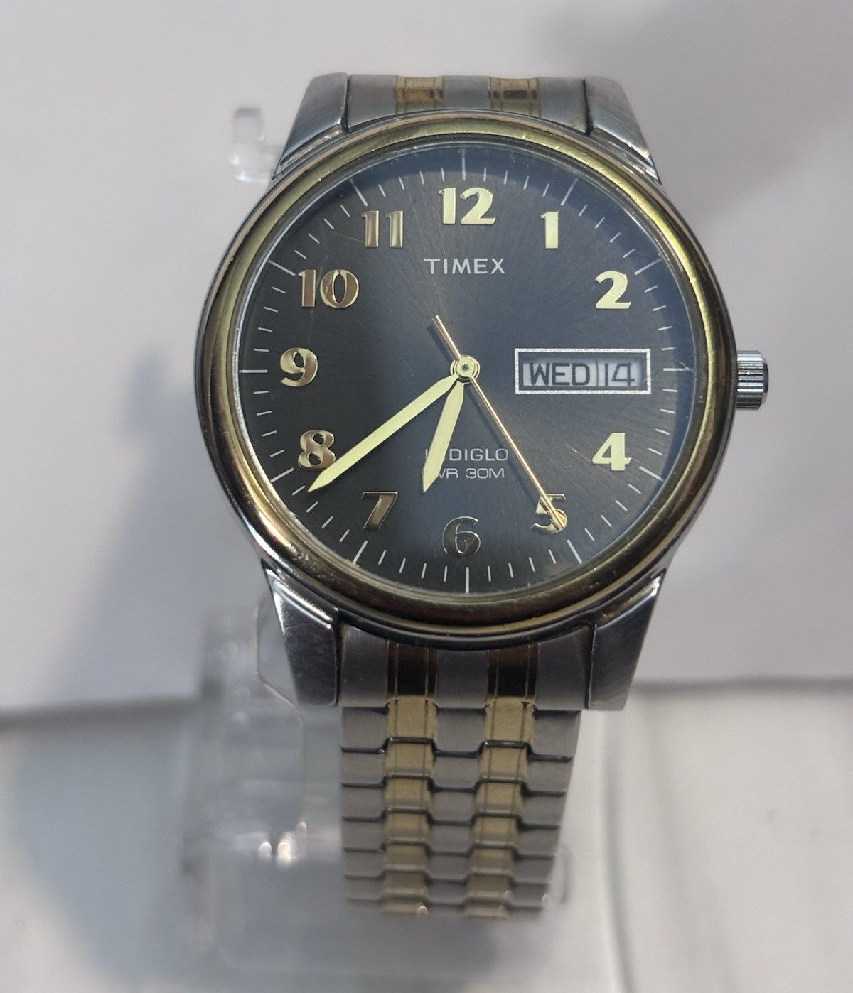 Timex Indiglo Quartz 30m Black Dial Arabic Day/Date Two-Tone SS Bracelet