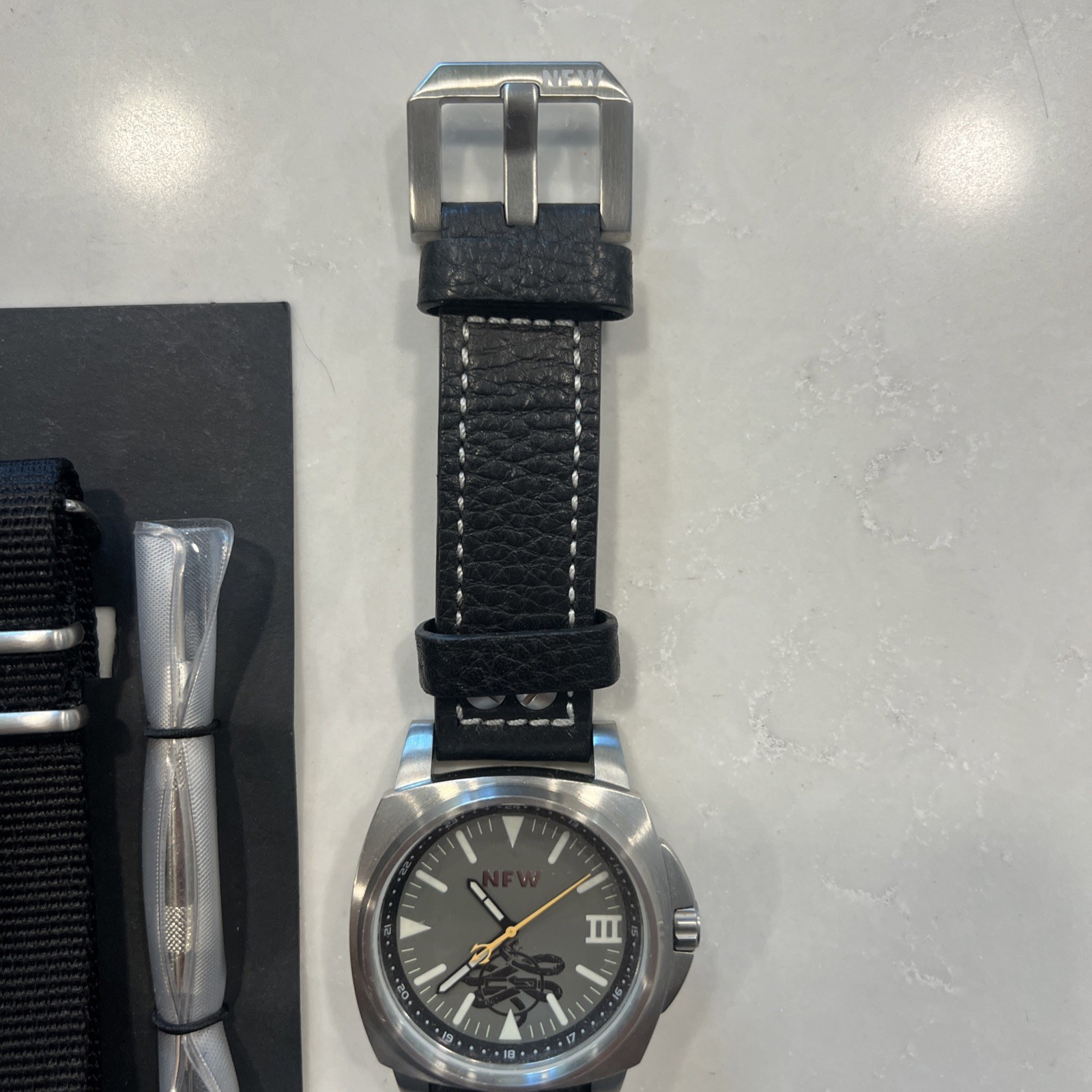 NFW Mens Watch 46mm Silver Tone Gray Dial Snake Logo Black Leather Band
