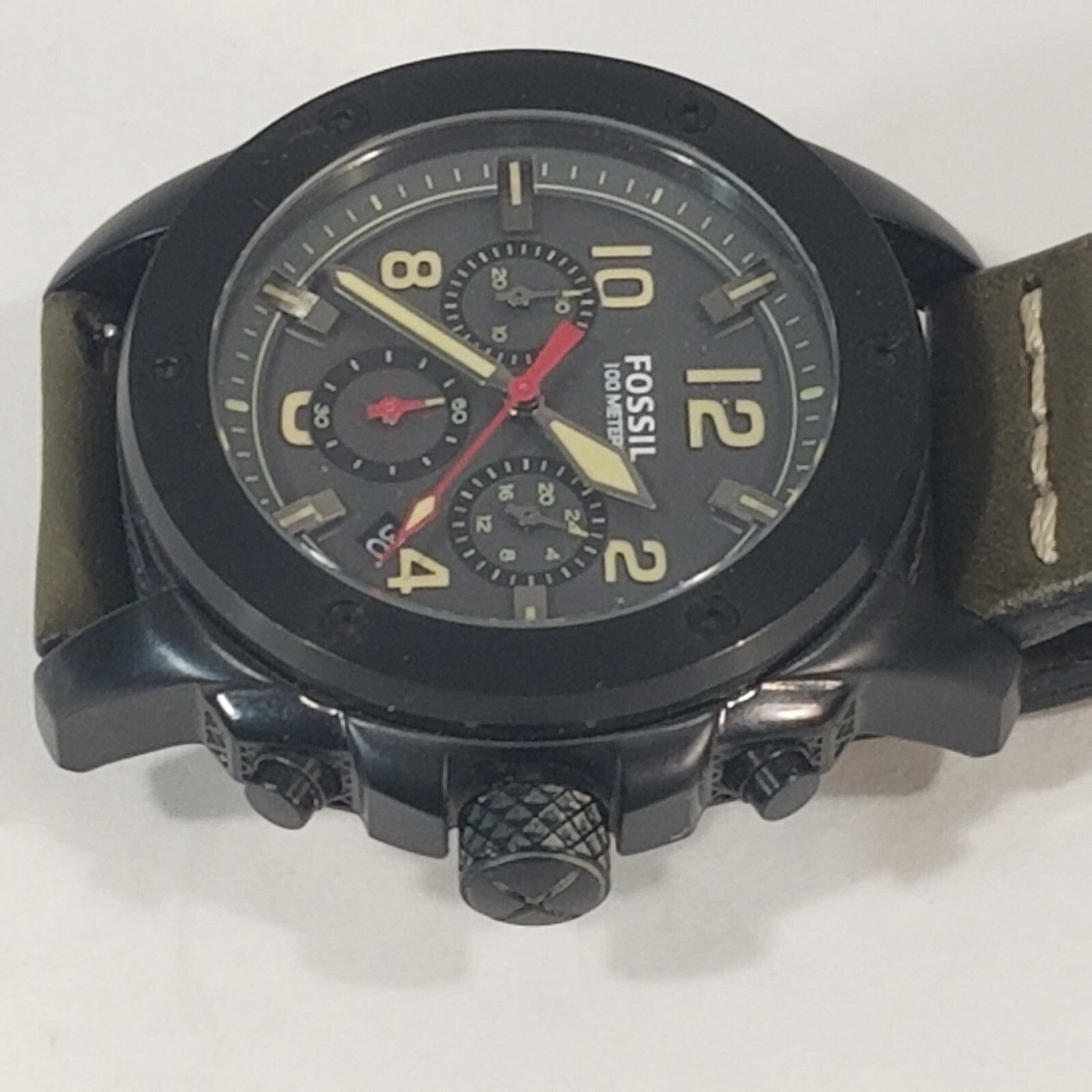 fossil machine chronograph watch Men’s grey dial black case green leather FS5000
