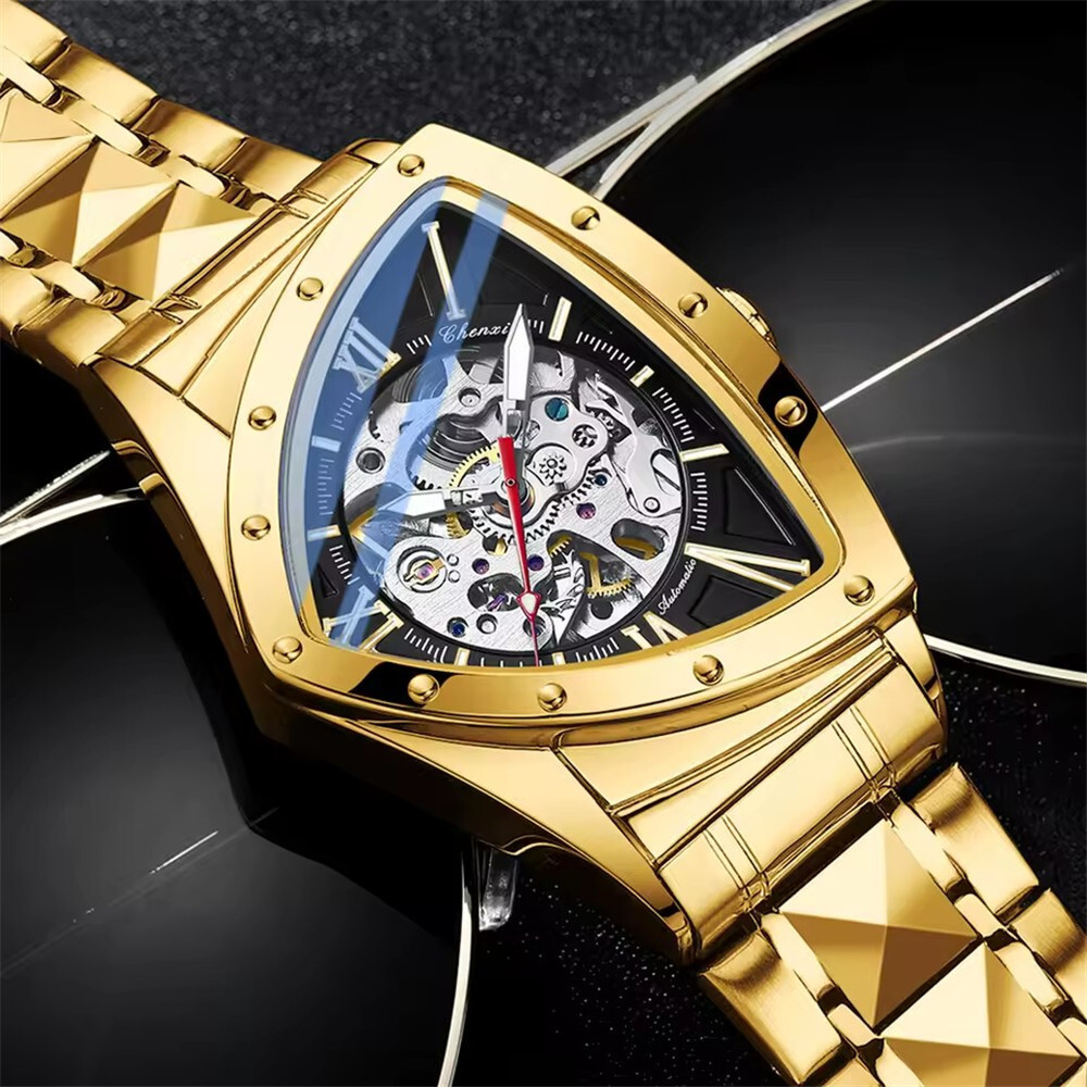 CHENXI Men Automatic Watch Triangle Leather Mechanical Watch for Male Wristwatch
