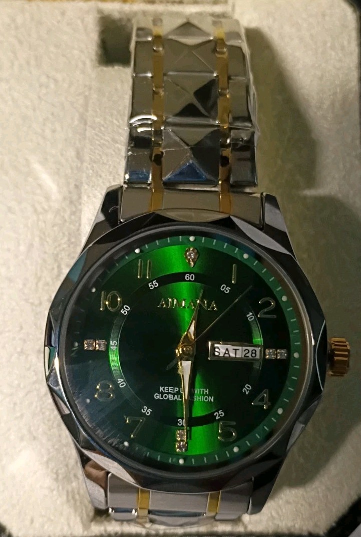 35- Aimana Men’s Quartz Watch Day/Date Green Dial Two-Tone SS Bracelet