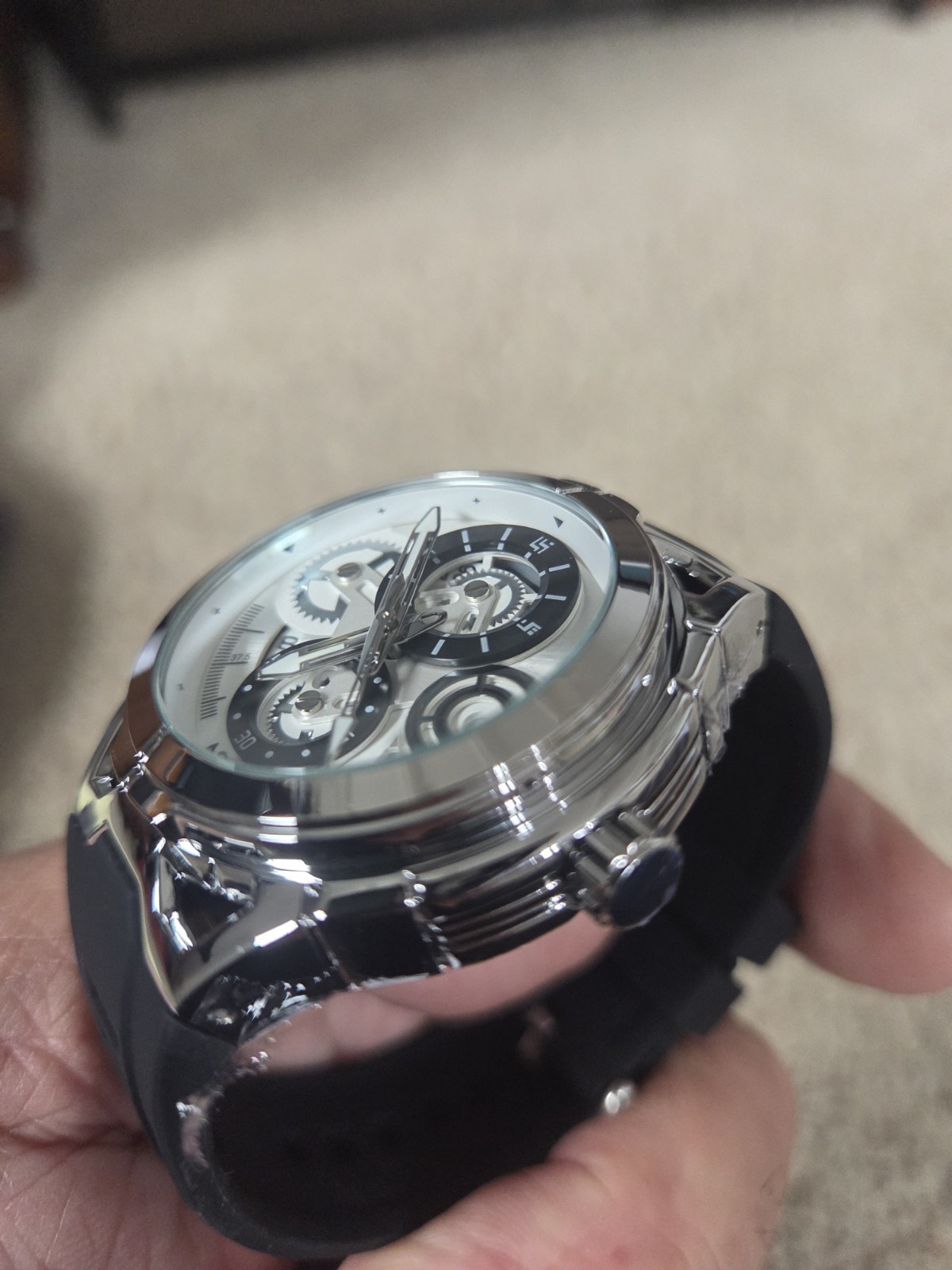 Activa Quartz Analog Skeleton Dial 48mm Silver Case Black Silicone 3ATM Date