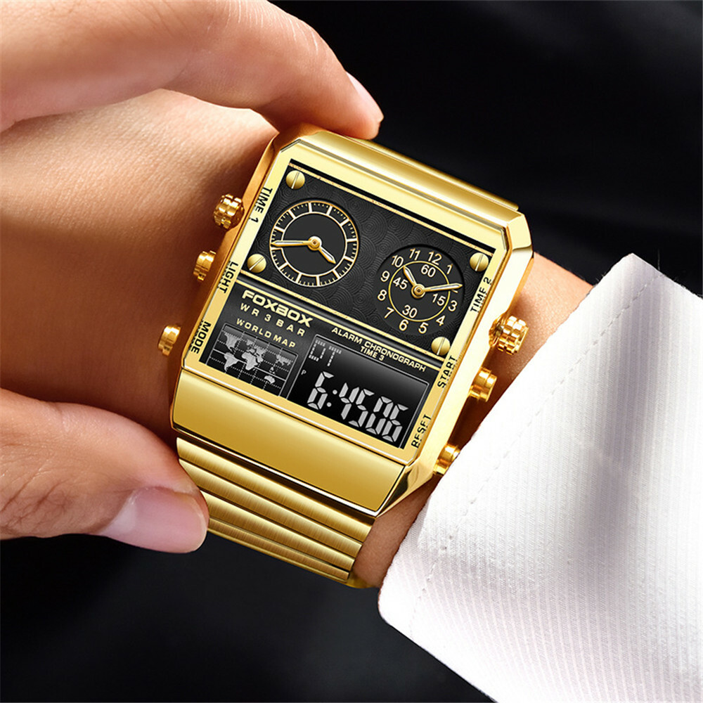 KC LIGE FOXBOX Men Rectangle Watch Steel Quartz Business Digital Wrist Watch