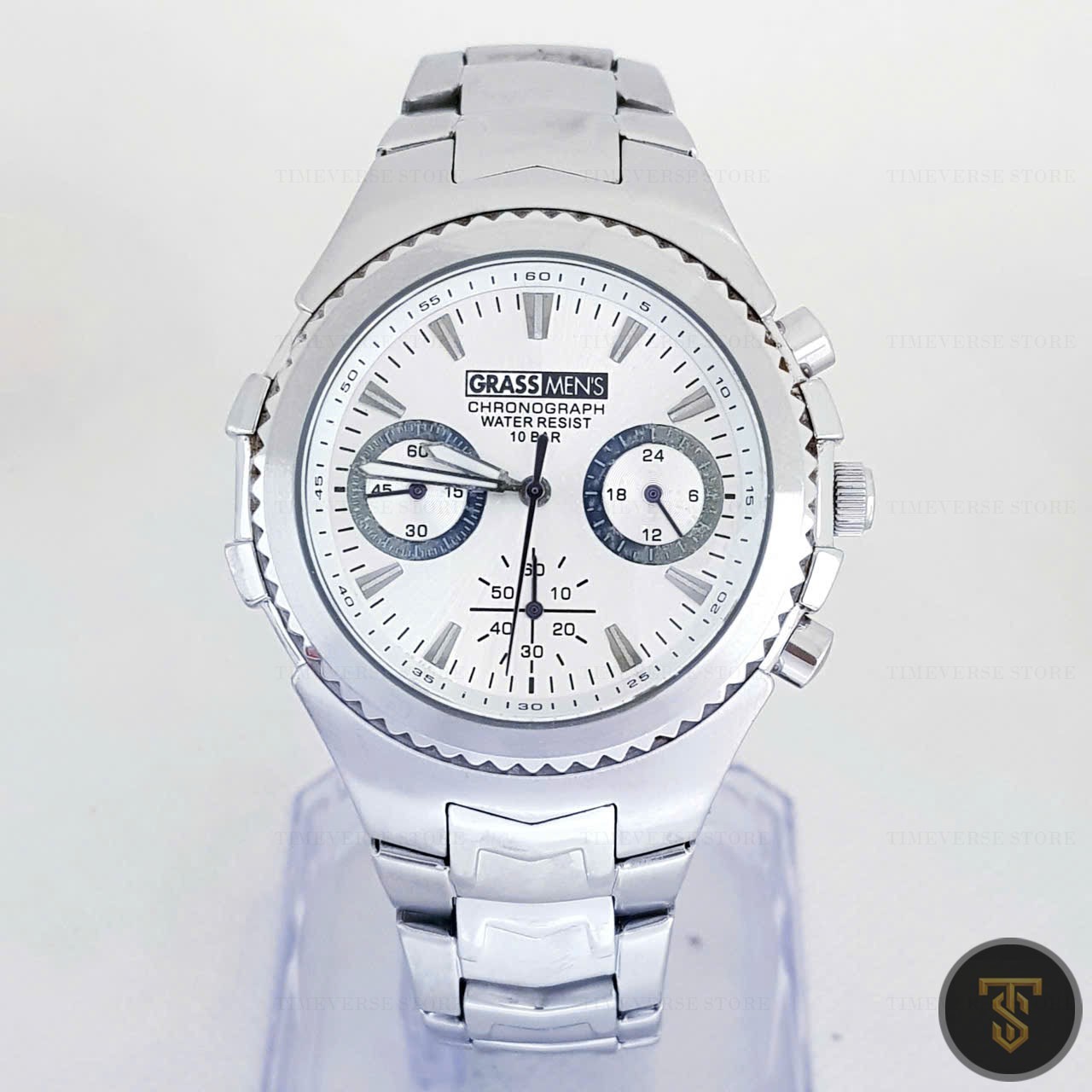 Grass Men’s Watch GM-9060 Chronograph White Dial 10 Bar WR Pre-owned Mens 40mm