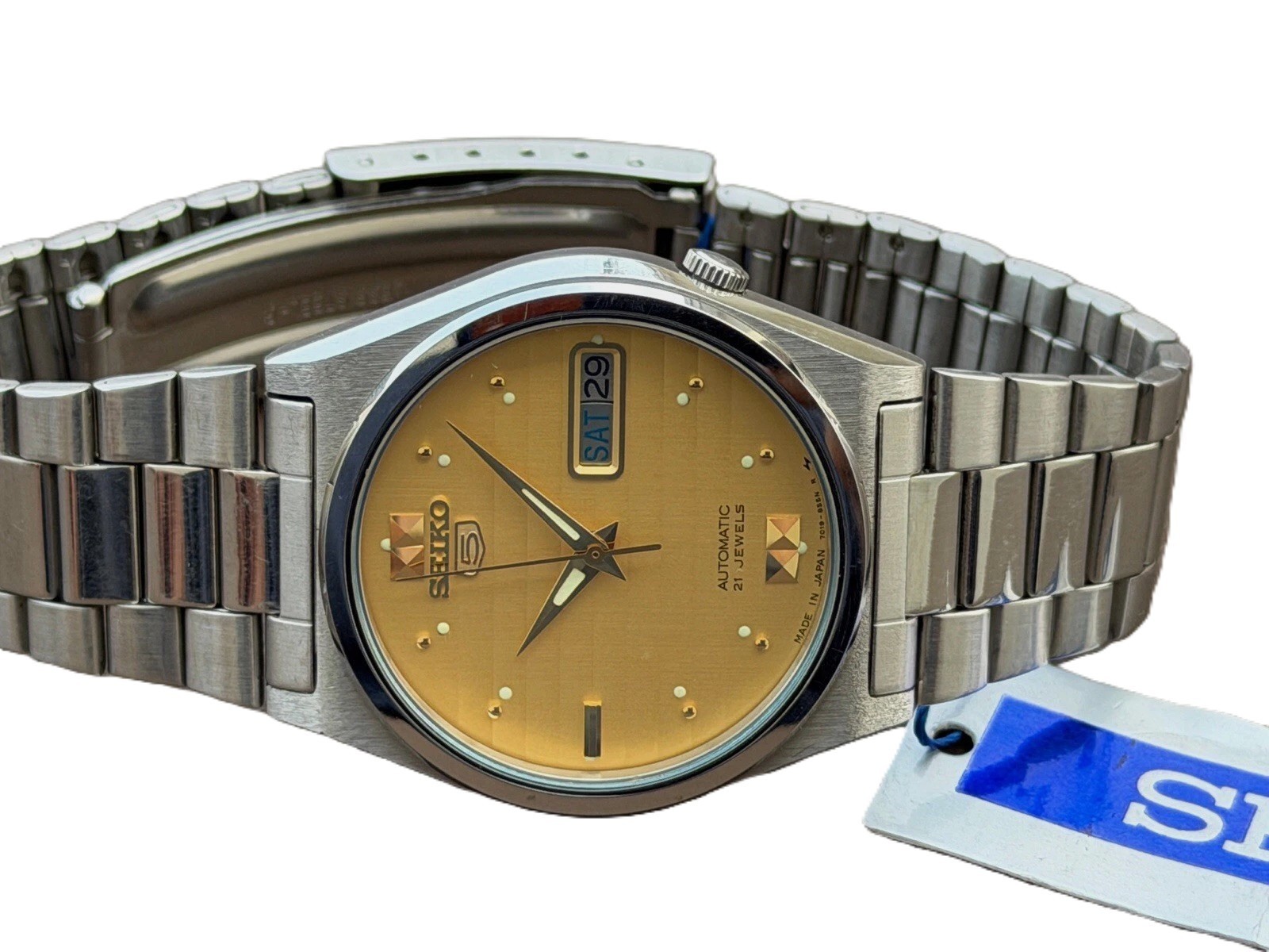 Seiko 5 Automatic Gold Dial Lume Dots Day Date Men’s Vintage Watch S-140