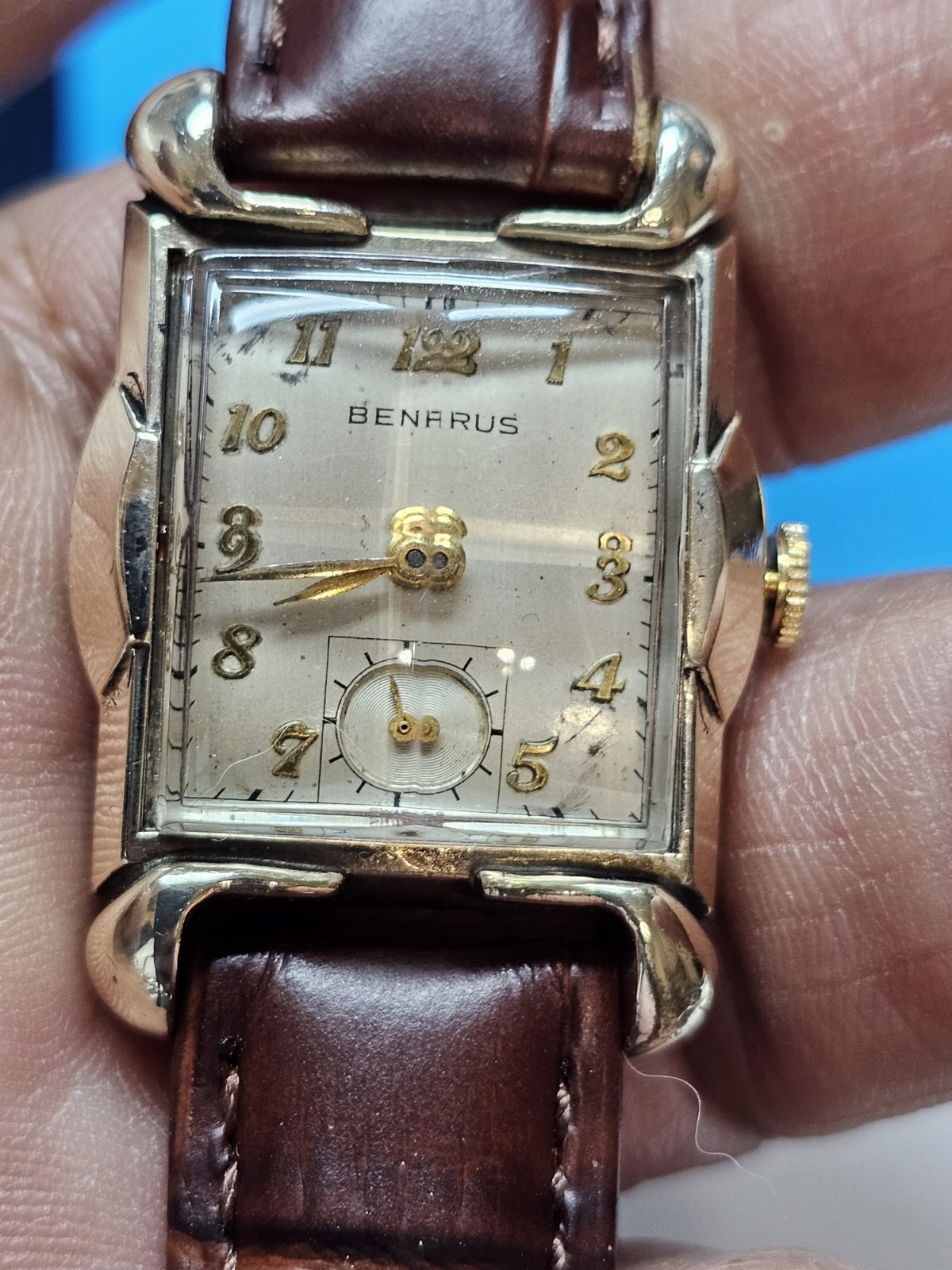 Benrus Tank Vintage 1940s Manual Wind Rectangle Dress Watch Silver Dial Brown