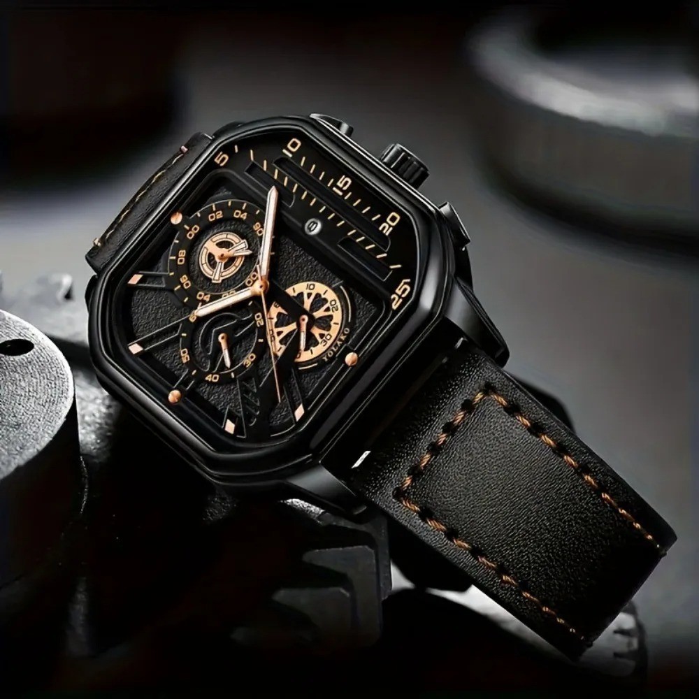 Men’s Square Big Dial Watch – PU Leather Strap, Casual Sport Style