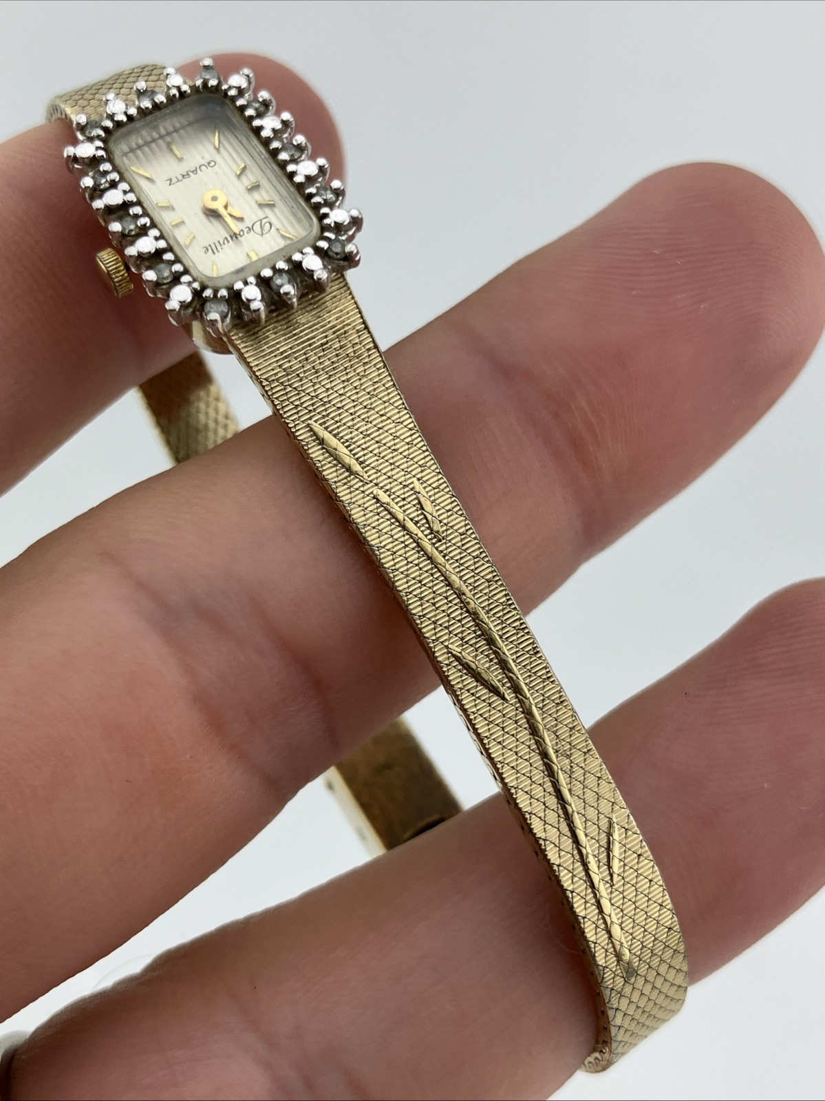 Vtg Deauville Ladies 13mm Watch Gold Tone Tank Diamond Bezel Adjustable -RUNS