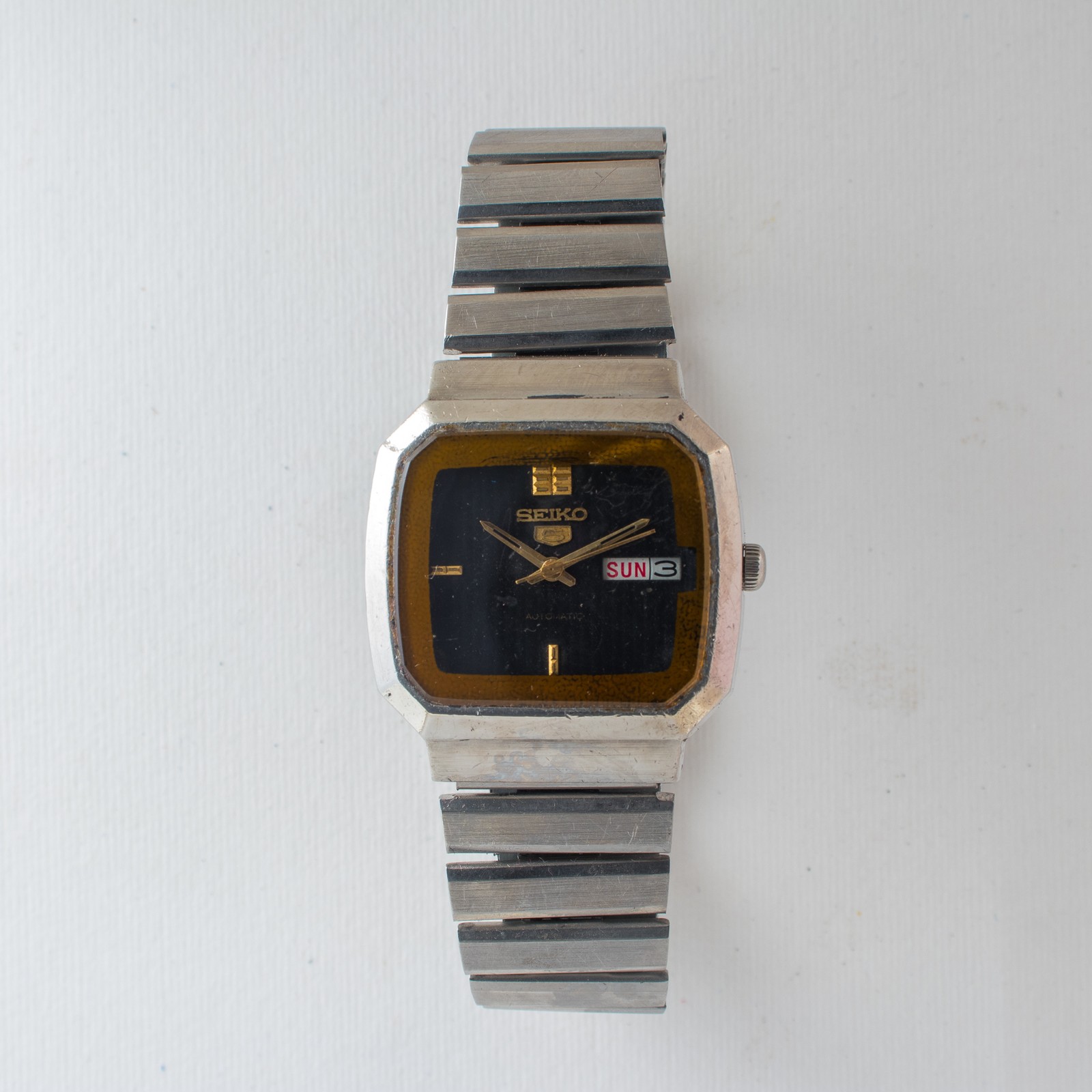 Vintage Seiko 5 Auto 6309-525J Unique Geometric Design Black Dial 1980 Men Watch