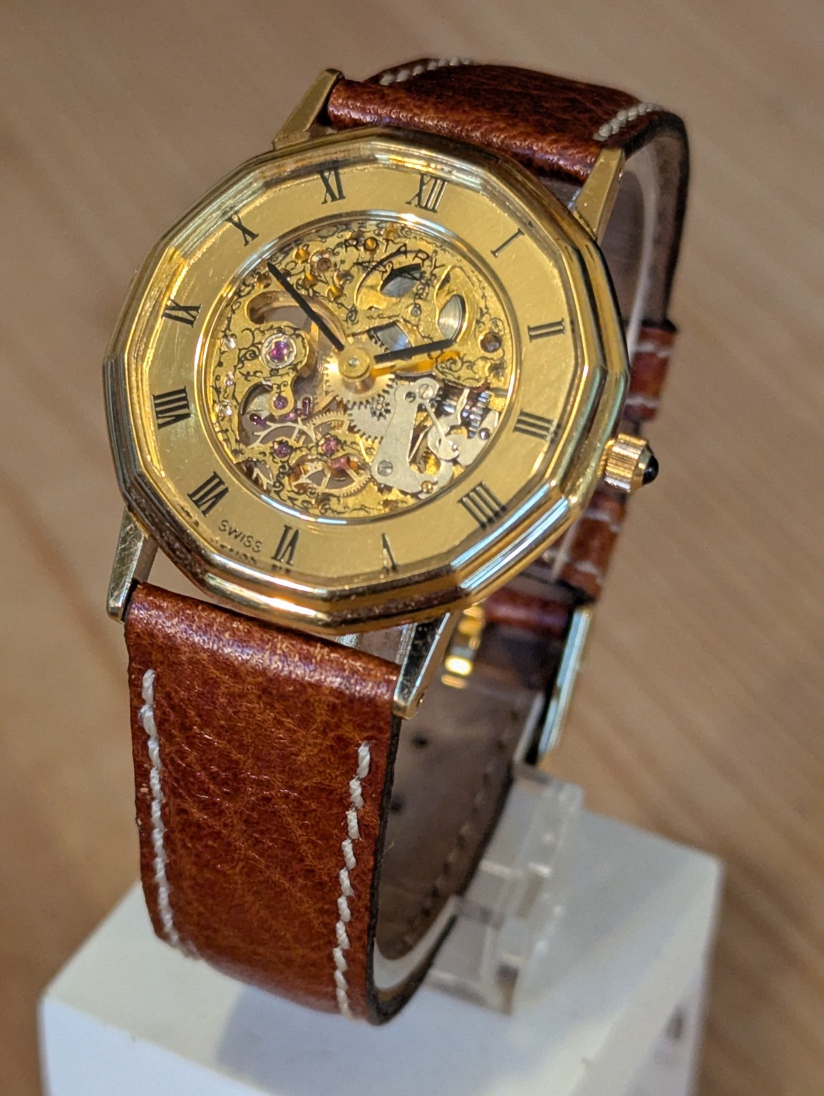 Rare Dodecagonal Vintage Mens Gold Plated ROTARY 17J Mechanical Skeleton Watch