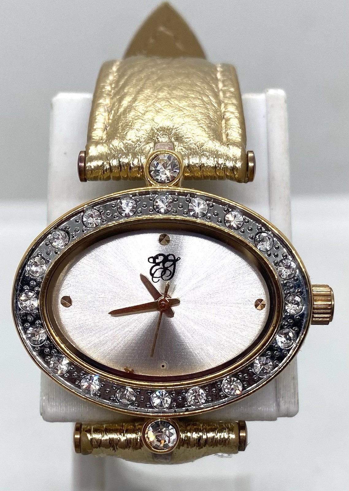 NEW EJ Ladies WATCH FRESH Battery ICED Oval Dial GOLD Strap & Case Very Glam