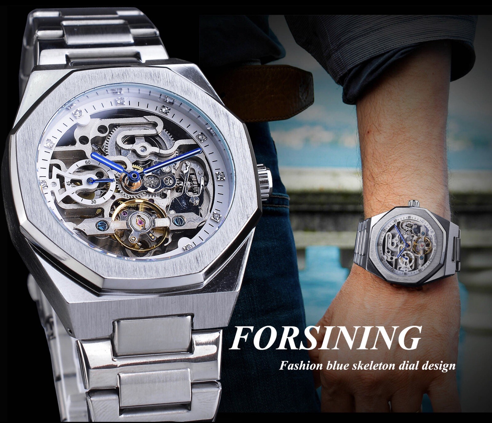Men’s Skeleton Mechanical Luminous Luxury Waterproof Octagon Shape Watch
